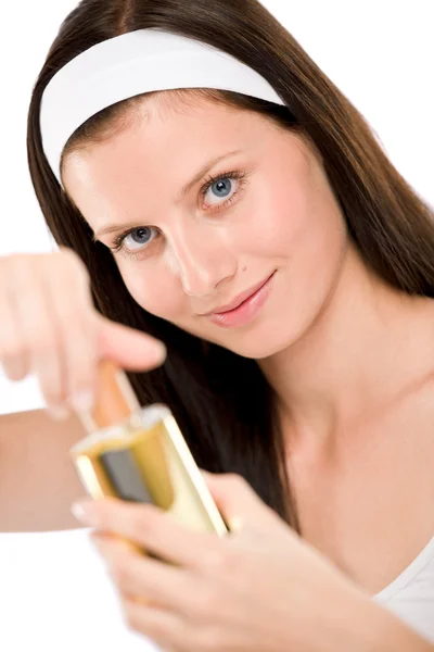 Mooie Vrouw Met Fles Parfum Witte Achtergrond — Stockfoto