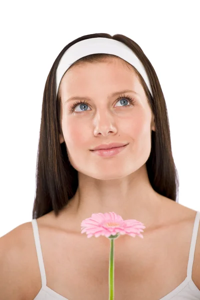 Mulher Bonita Segurando Gerbera Flor Margarida Com Cabeça Branca — Fotografia de Stock