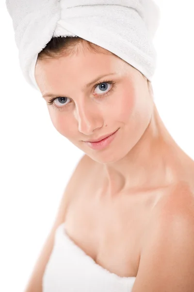 Lichaamsverzorging Mooie Vrouw Met Handdoek Witte Achtergrond — Stockfoto
