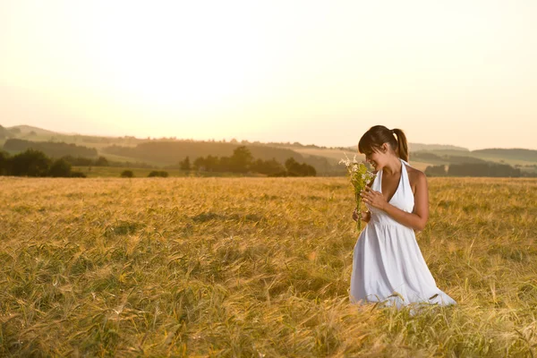 Romantische Brünette Frau Sonnenuntergang Maisfeld Tragen Weißes Kleid Hält Blumenstrauß — Stockfoto