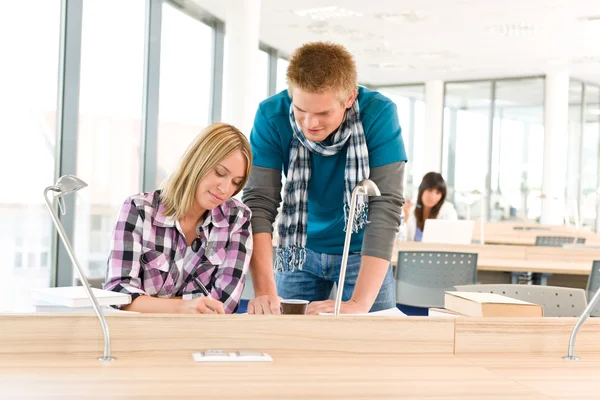 Two Students High School Writing Notes Sitting Classroom — Stock Photo, Image