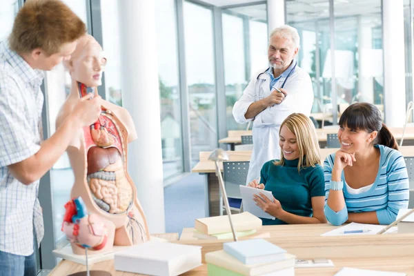 Universitet Medicinska Studenter Med Professor Och Mänskliga Anatomiska Modell Klassrummet — Stockfoto
