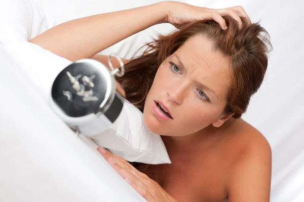 Shocked Woman Watching Alarm Clock White Bed — Stock Photo, Image
