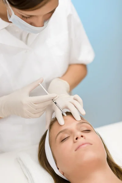 Woman Cosmetic Medicine Treatment Getting Botox Injection Close Portrait — Stock Photo, Image