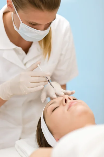 Woman Cosmetic Medicine Treatment Getting Botox Injection Close Portrait — Stock Photo, Image