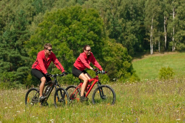 年轻夫妇骑山地自行车在春天草地上阳光灿烂的日子 — 图库照片