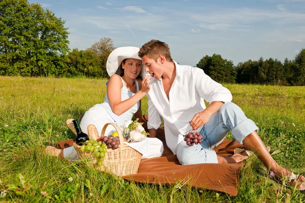 Piknik Romantický Pár Jarní Přírodě Slunečný Den — Stock fotografie