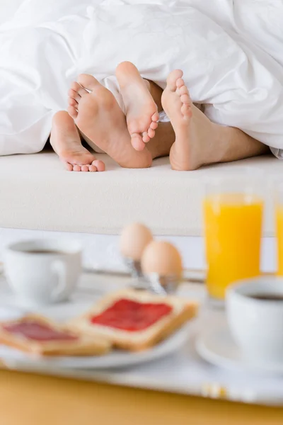 Luxury Hotel Honeymoon Breakfast Couple White Bed Together — Stock Photo, Image