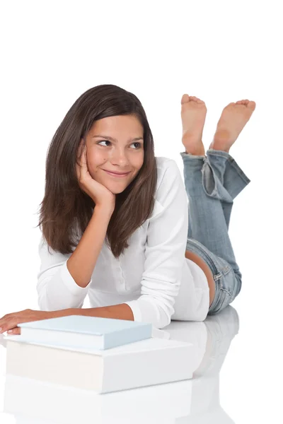 Adolescente Sorridente Con Libri Sfondo Bianco — Foto Stock