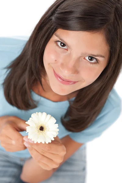 Happy Teenager Gerber Daisy White Background — Stock Photo, Image