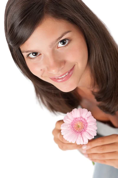 Adolescente feliz com gerber margarida — Fotografia de Stock