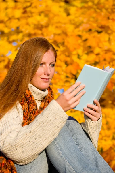 Autumn Sunset Country Red Hair Woman Read Book — Stock Photo, Image