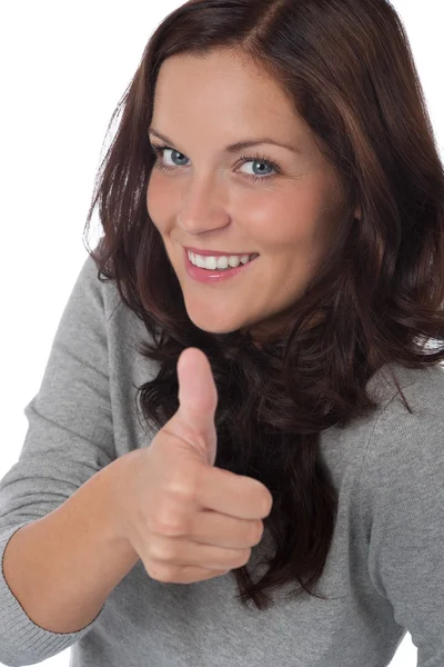 快乐的年轻女人大拇指在白色背景上显示 — 图库照片