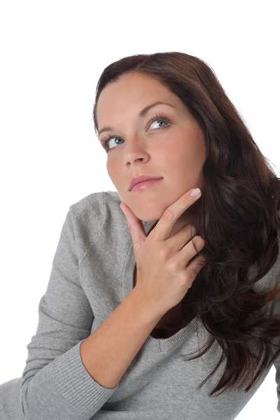Beautiful Brown Hair Woman Watching Thinking White Background — Stock Photo, Image