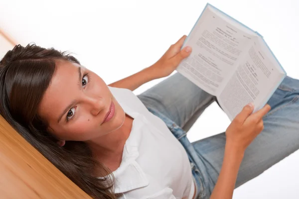 Brown Hair Teenager Lying Wooden Floor Holding Book — Stock Photo, Image