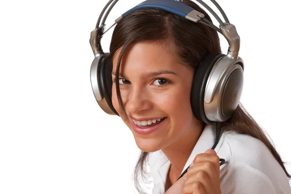 Lachende Tiener Met Koptelefoon Luisteren Naar Muziek Plezier — Stockfoto