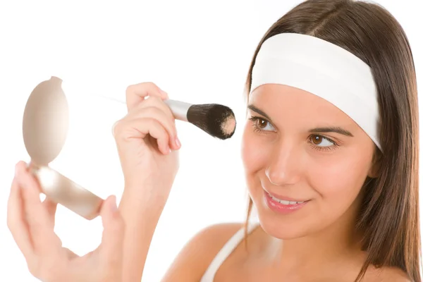 Skin Care Young Woman Apply Powder Make Brush Watching Mirror — Stock Photo, Image