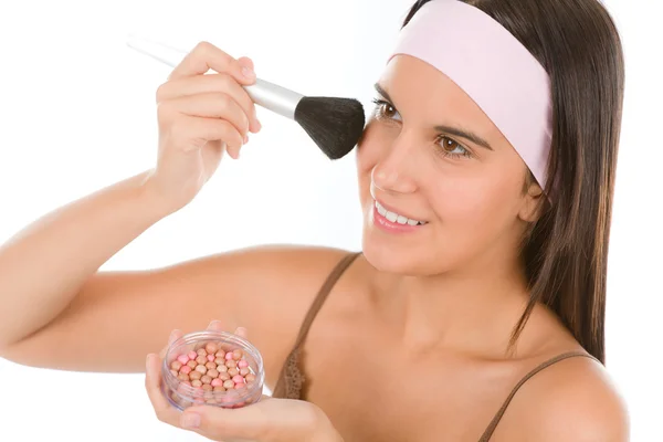 Make Skin Care Woman Apply Pearl Powder Brush — Stock Photo, Image
