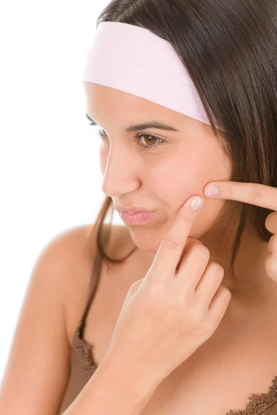 Teenager Problem Skin Care Woman Squeeze Pimple White Background — Stock Photo, Image