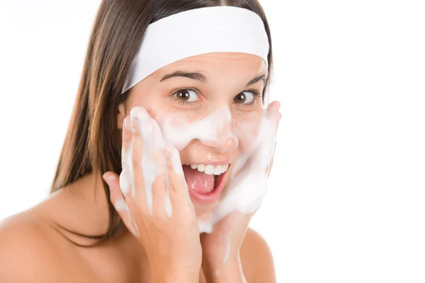 Teenager problem skin care - woman wash face — Stock Photo, Image