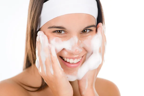 Teenager problem skin care - woman wash face — Stock Photo, Image
