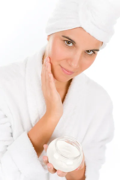 Teenager Skin Care Woman Apply Moisturizer White Background — Stock Photo, Image