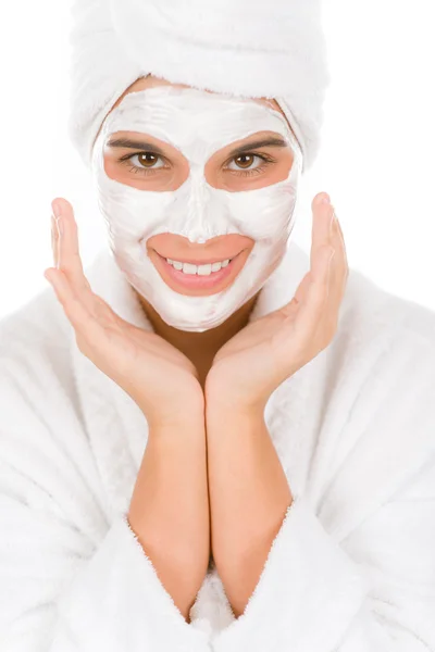 Dospívající Obličejové Masky Šťastná Žena Bílém Pozadí — Stock fotografie