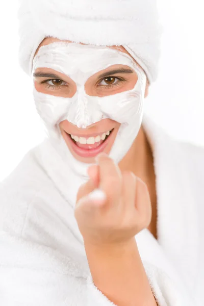 Maschera Facciale Adolescente Donna Felice Sfondo Bianco — Foto Stock