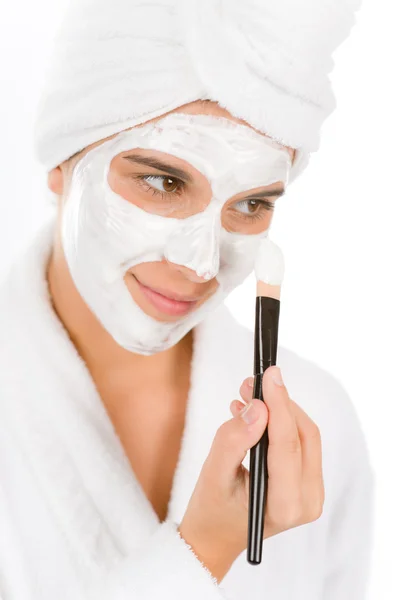 Problema Adolescente Cuidado Piel Máscara Facial Mujer Aplican Con Cepillo —  Fotos de Stock
