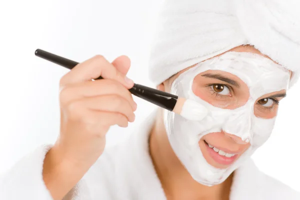 Teenager Problem Skin Care Woman Facial Mask Apply Brush — Stock Photo, Image