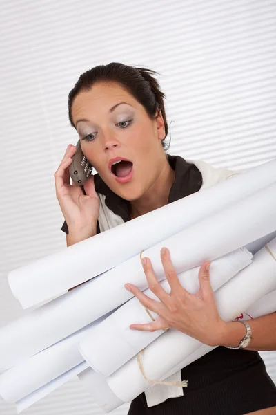 Young Attractive Female Architect Holding Plans Telephone Office — Stock Photo, Image