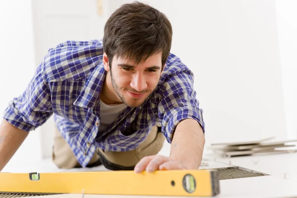 Home Tile Improvement Handyman Level Laying Tile Floor — Stock Photo, Image