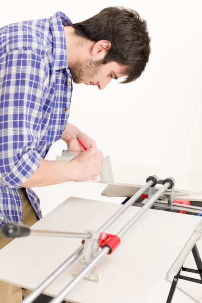 Home Improvement Handyman Cut Ceramic Tile Workshop — Stock Photo, Image