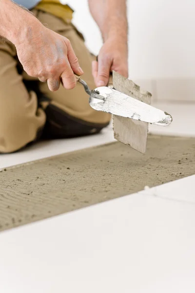 Home Improvement Renovation Handyman Laying Tile Trowel Mortar — Stock Photo, Image