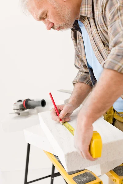 Home Improvement Handyman Measure Porous Brick Workshop — Stock Photo, Image