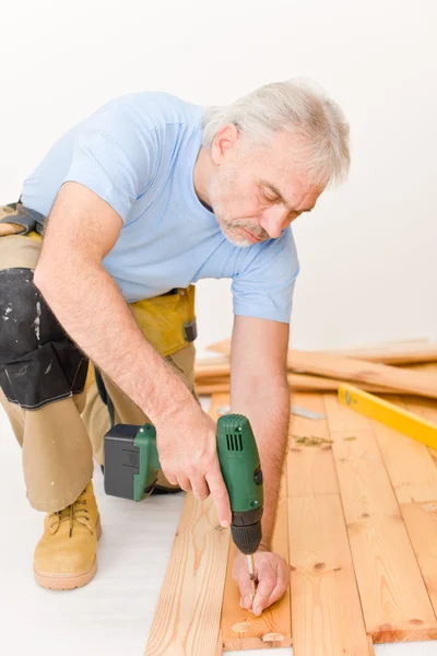 Home Improvement Handyman Installing Wooden Floor Home — Stock Photo, Image