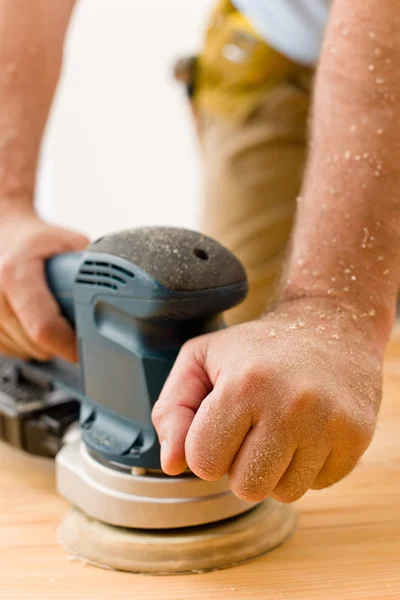 Home Improvement Handyman Sanding Wooden Floor Workshop — Stock Photo, Image