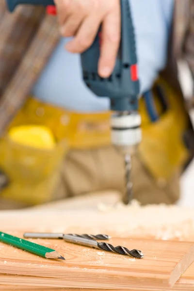 Home Improvement Handyman Drilling Wood Workshop — Stock Photo, Image