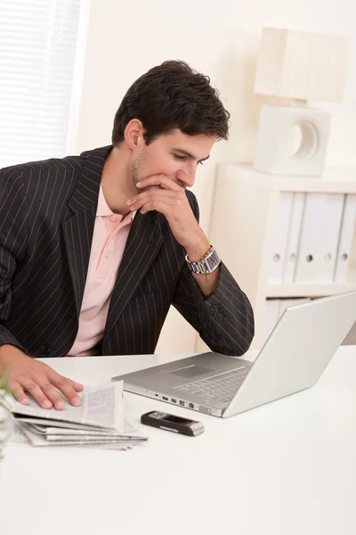 Successful Modern Businessman Laptop Newspaper Sitting Office — Stock Photo, Image