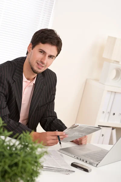 Successful Modern Businessman Laptop Newspaper Sitting Office — Stock Photo, Image