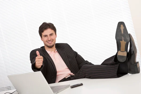 Successful Businessman Gesturing Office Having Legs — Stock Photo, Image