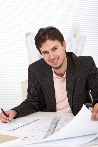 Successful Architect Man Working Plans Office — Stock Photo, Image