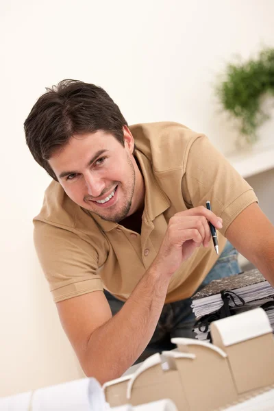 Successful Architect Man Working Office Plans Architectural Model — Stock Photo, Image