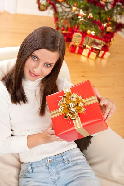 Young Woman Holding Christmas Present Front Tree — Stock Photo, Image