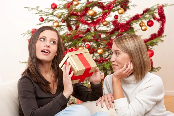 クリスマス ツリーの前に存在の つの笑みを浮かべて女性 — ストック写真