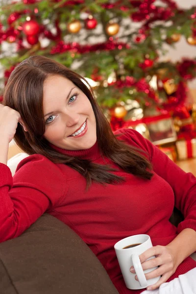 Brown Hair Woman Relaxing Cup Coffee Front Christmas Tree — Stock Photo, Image