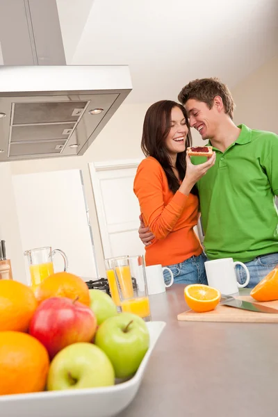 Young Man Woman Eating Toast Together Kitchen — Stock Photo, Image