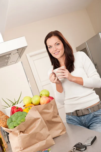 Young Smiling Woman Groceries Drinking Cup Coffee — Stock Photo, Image