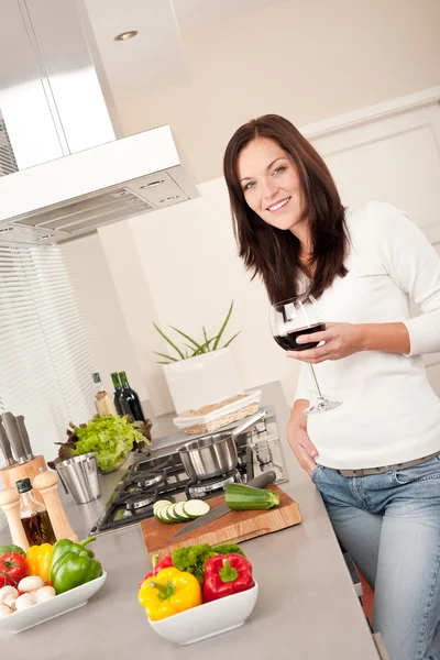 Young Woman Glass Red Wine Kitchen — Stock Photo, Image