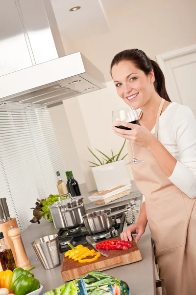 Young Woman Glass Red Wine Kitchen — Stock Photo, Image
